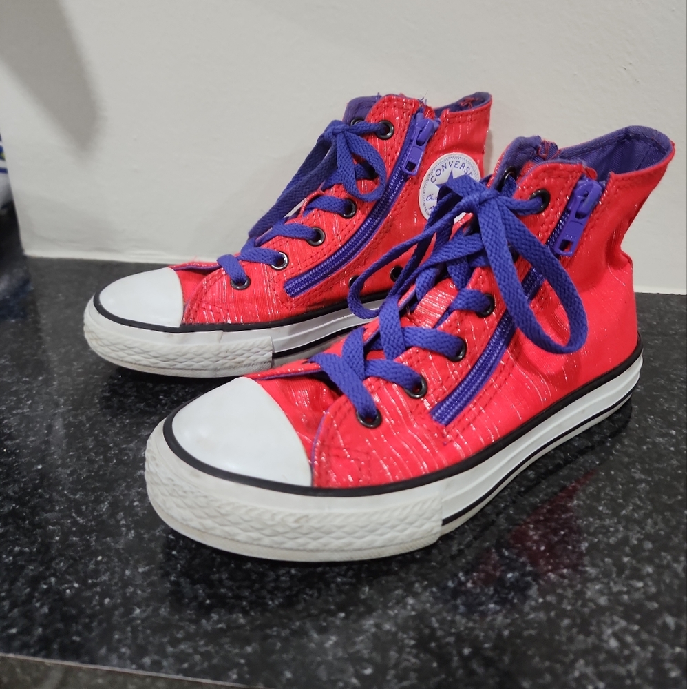 Rare Converse All Star Hi-Top Side Zippers Coral Neon & Purple Junior Size3 EU35